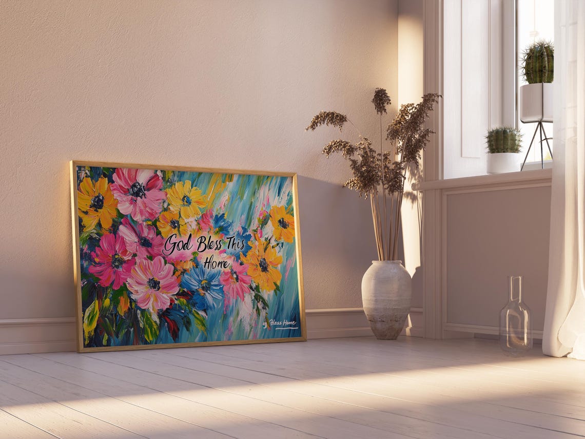 God Bless This Home Daisy Bloom Teal Brushstroke Floral Poster - Image 2