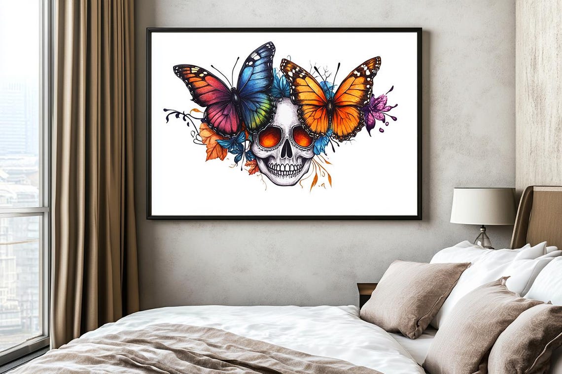 Day Of The Dead Skull With Butterflies Floral Crown Large Poster - Image 2