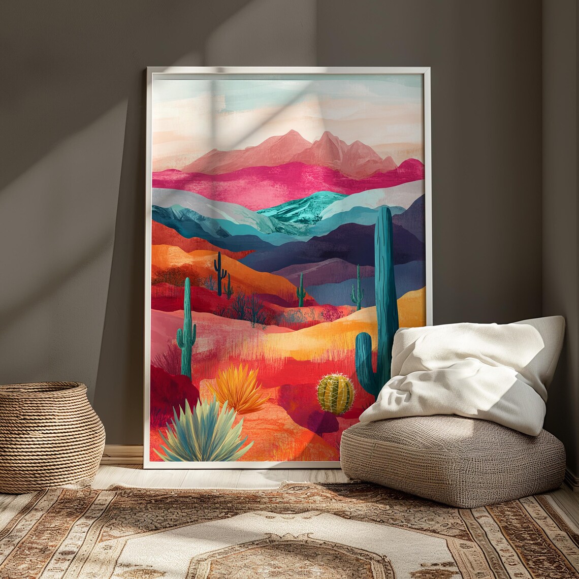 Colorful Layered Desert Mountains Cactus Landscape Abstract Art Poster - Image 3