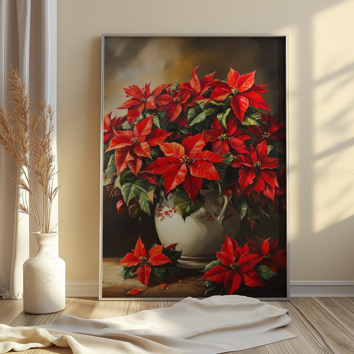Red Poinsettia White Floral Pitcher Jug Christmas Still Life Poster - Image 3