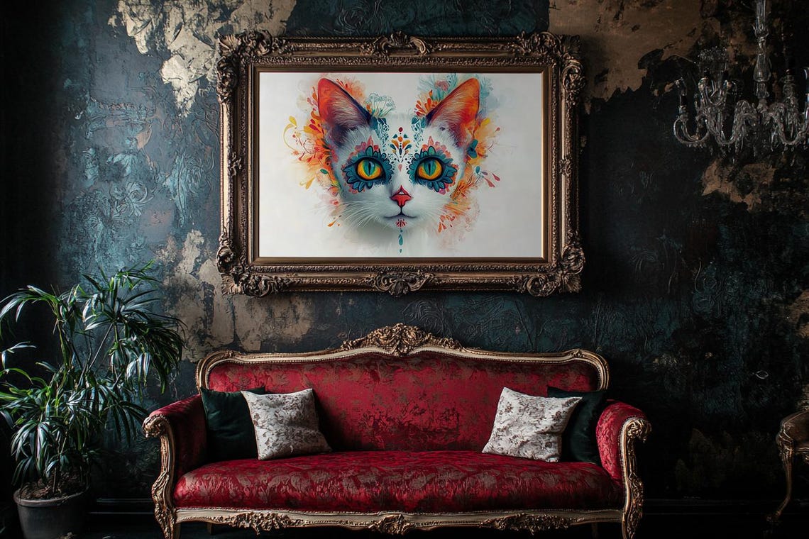 White Cat With Teal Orange Watercolor Splash Portrait Poster - Image 2