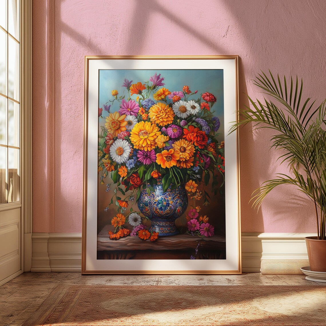 Wildflower Garden Bouquet Blue Talavera Vase Rustic Ledge Warm Poster - Image 2