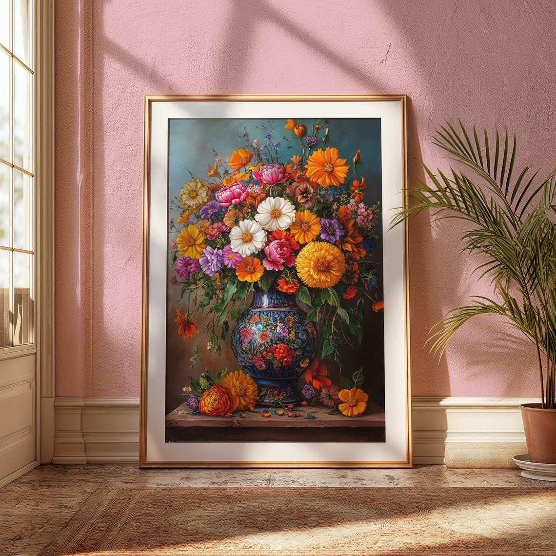Vibrant Wildflower Bouquet Ornate Blue Vase Ledge Teal Garden Poster - Image 2