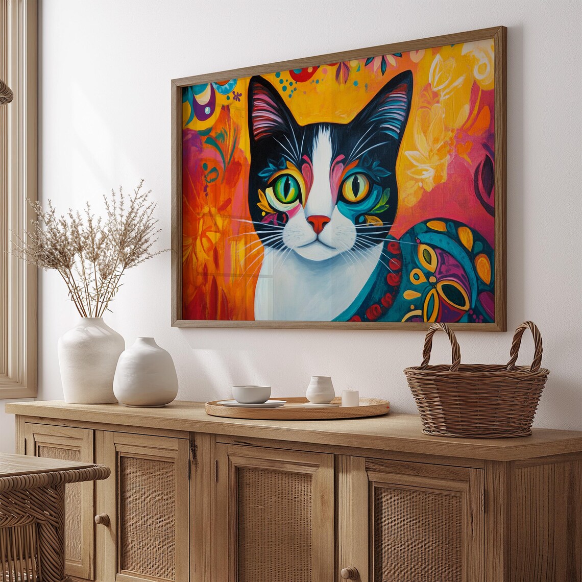Tuxedo Cat Portrait Mismatched Eyes Colorful Folk Art Orange Poster