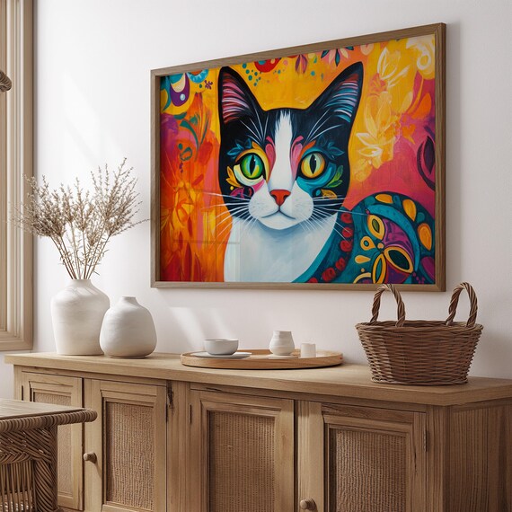 Tuxedo Cat Portrait Mismatched Eyes Colorful Folk Art Orange Poster