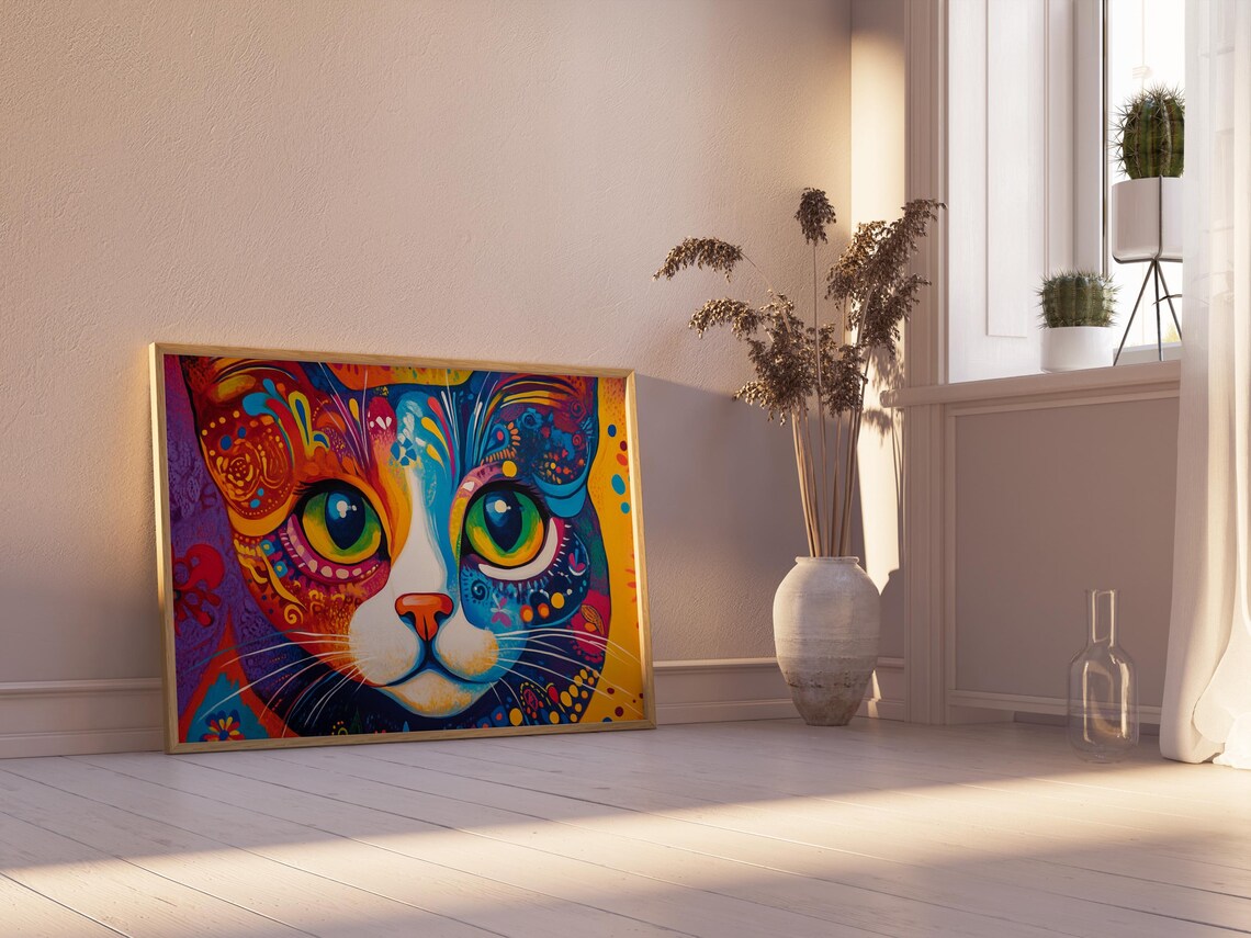 Calico Cat Face Paisley Boho Patterns Big Green Eyes Rainbow Art Poster - Image 2