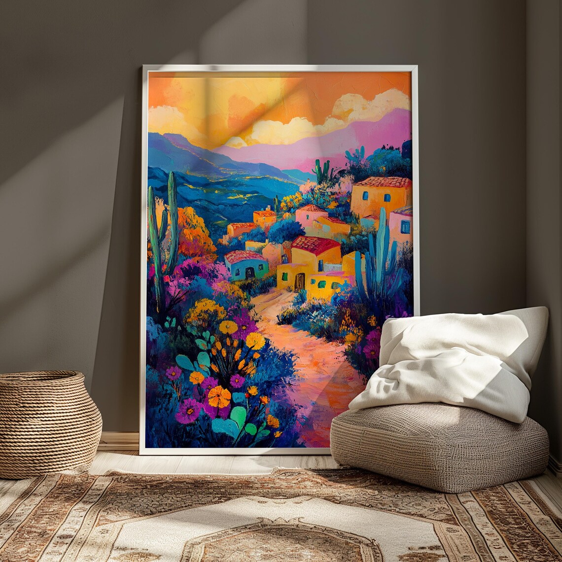 Mexican Village Sunset Hillside Houses Flowers Landscape Art Poster - Image 3
