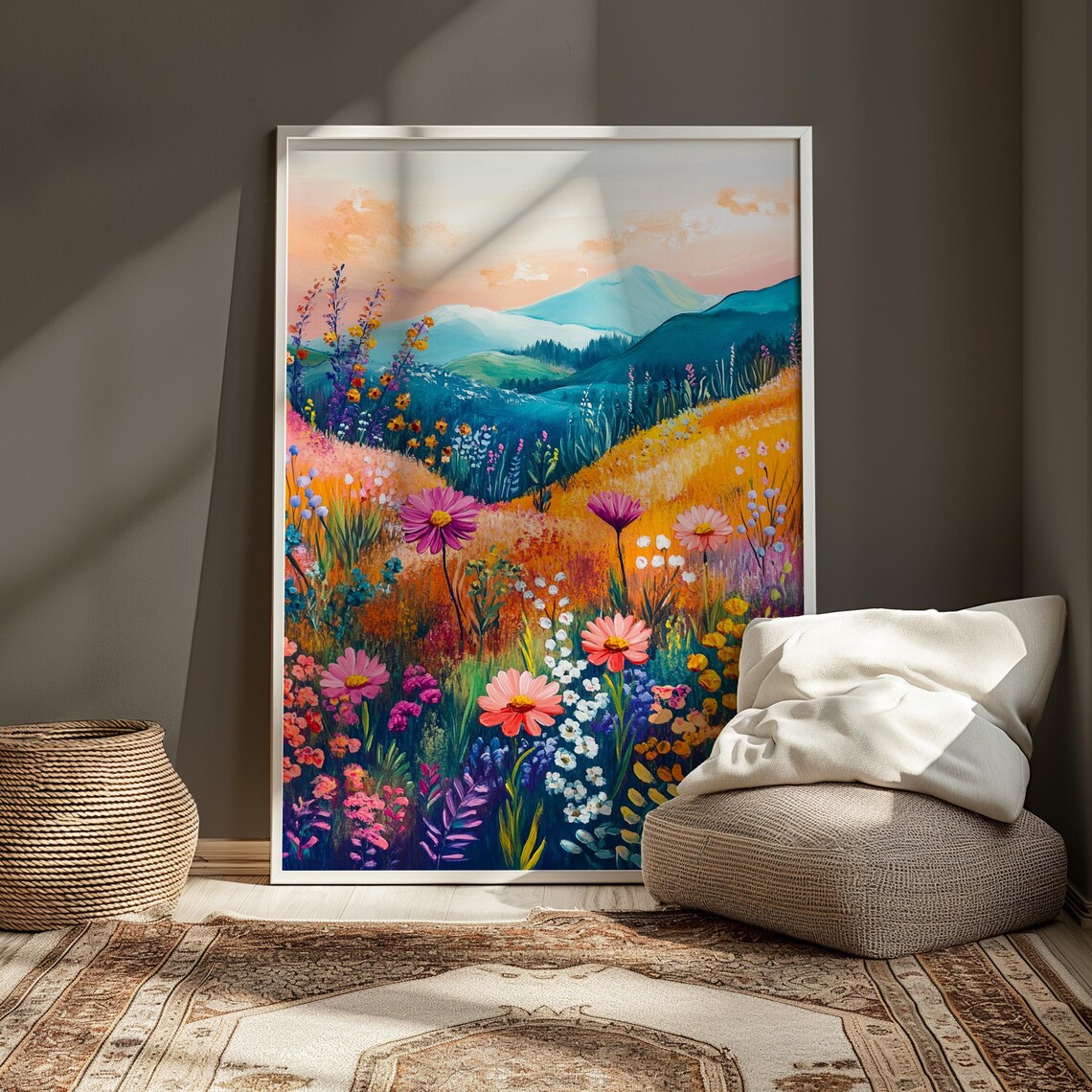 Pastel Pink Daisy Wildflower Meadow Dawn Teal Mountain Art Print - Image 3