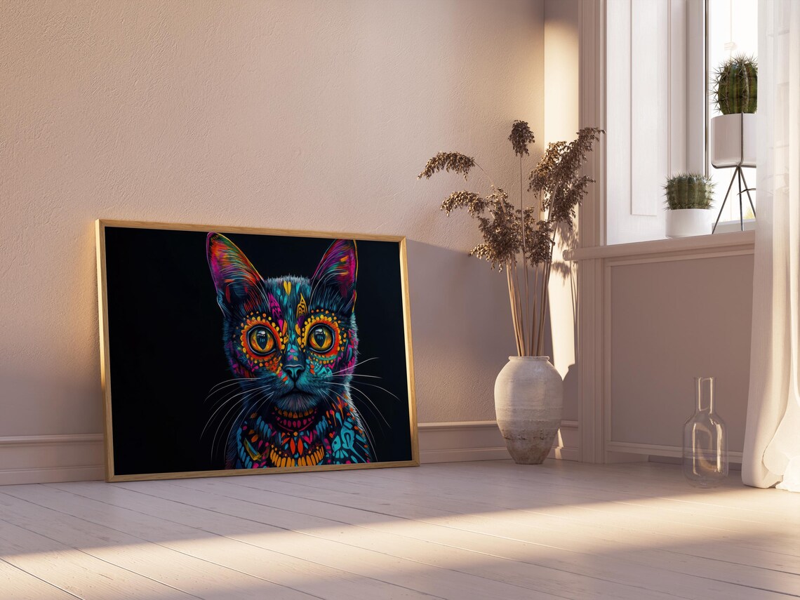 Black Cat Day of the Dead Sugar Skull Face Paint Neon Colorful Art Poster - Image 2