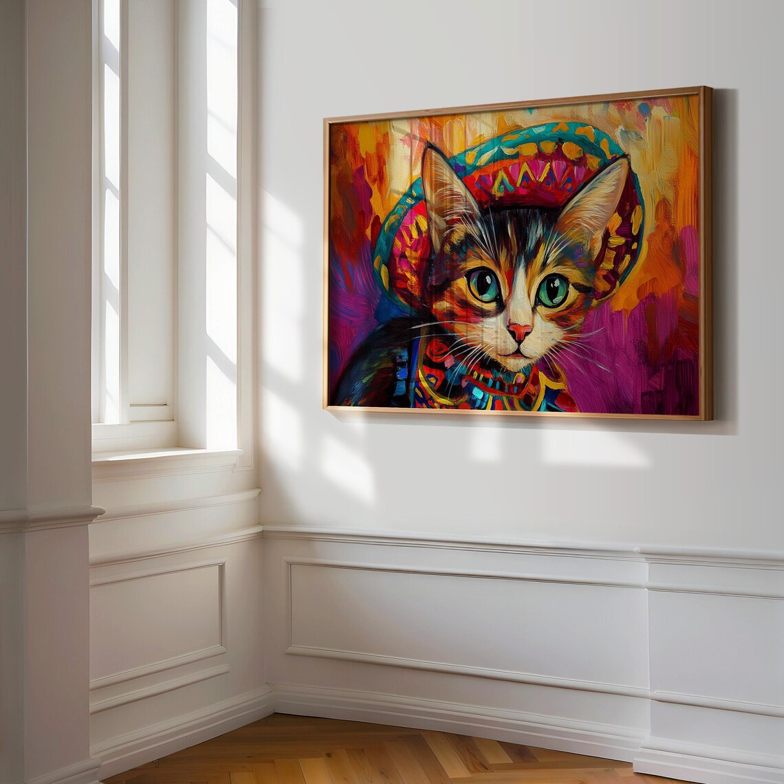 Tabby Kitten in Sombrero Green Eyes Mexican Fiesta Colorful Cat Poster - Image 3