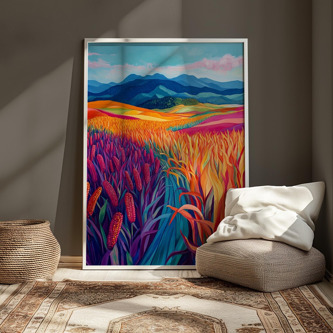 Colorful Corn Maize Field Blue Mountains Harvest Folk Landscape Wall Art Poster - Image 3