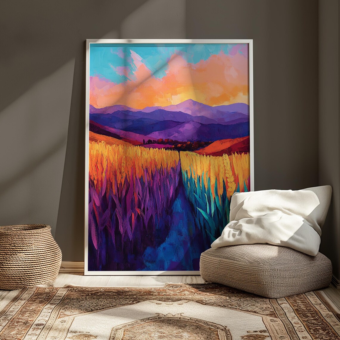 Golden Wheat Field Sunset Purple Mountains Pink Sky Art Print - Image 3