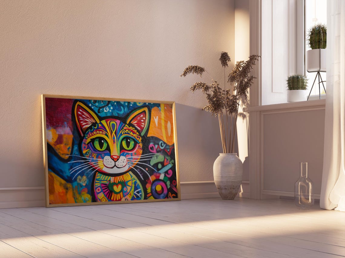 Rainbow Boho Cat Mandala Patterns Green Eyes Colorful Happy Cat Poster - Image 2