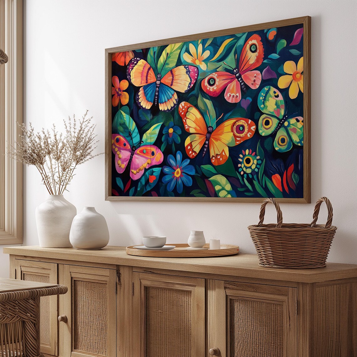 Six Colorful Butterflies Flying In Lush Green Leaves Dark Poster