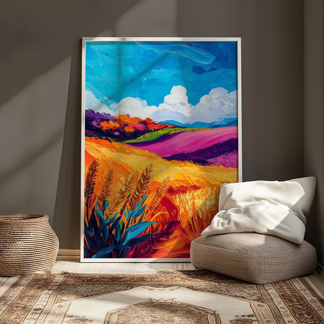 Golden Wheat Field Rolling Pink Hills Impasto Landscape Wall Art Poster - Image 3