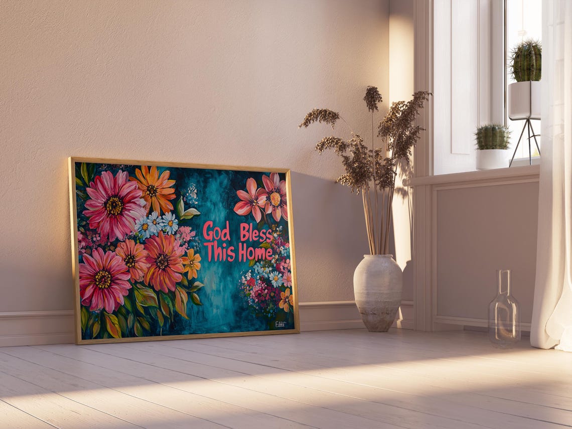 God Bless This Home Pink Daisy Teal Bold Script Floral Poster - Image 2