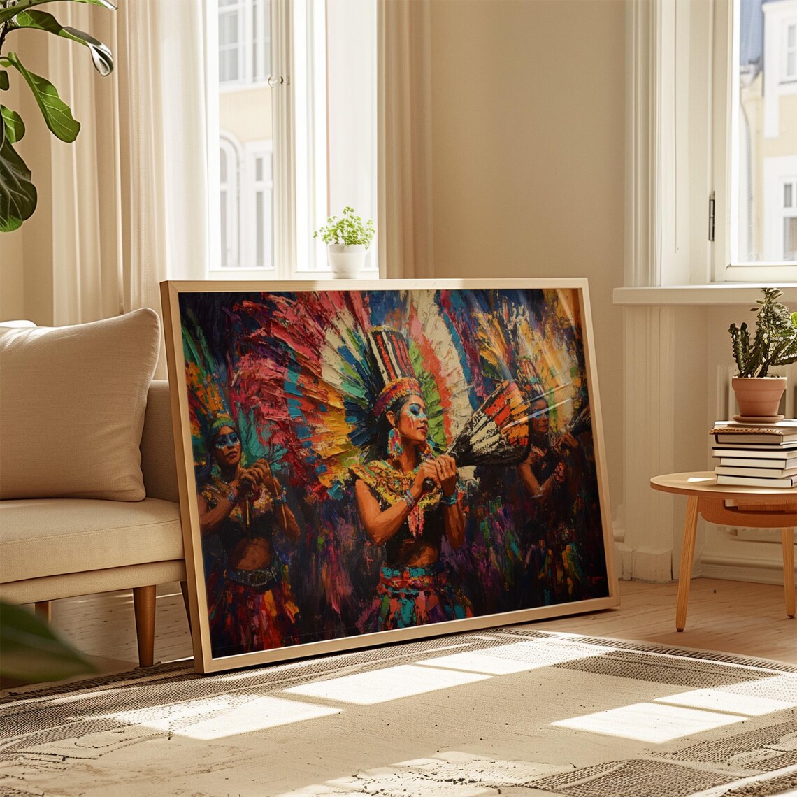 Mexican Festival Dancers Painting Feathered Headdresses Colorful Wall Art - Image 4