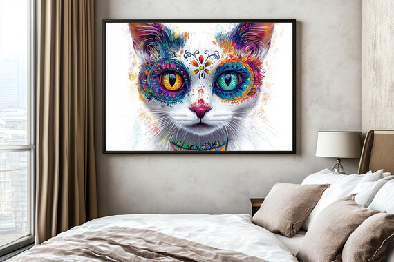 Sugar Skull Cat Face Colorful Day of the Dead Watercolor Art Poster