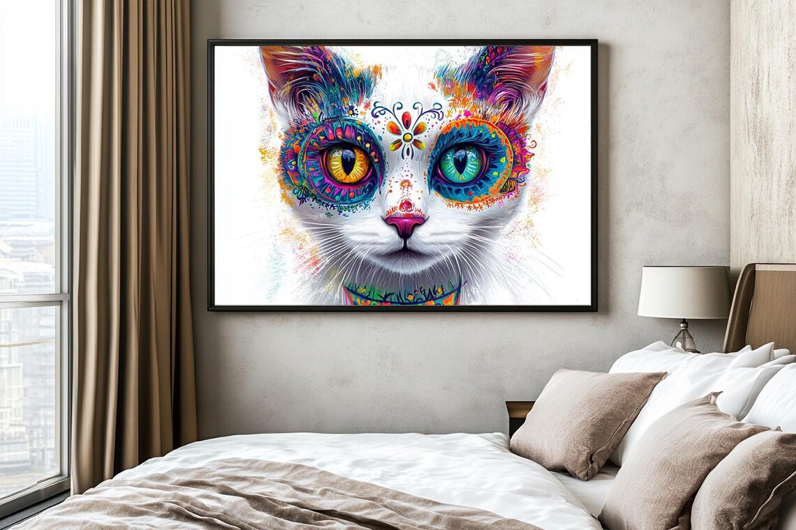 Sugar Skull Cat Face Colorful Day of the Dead Watercolor Art Poster