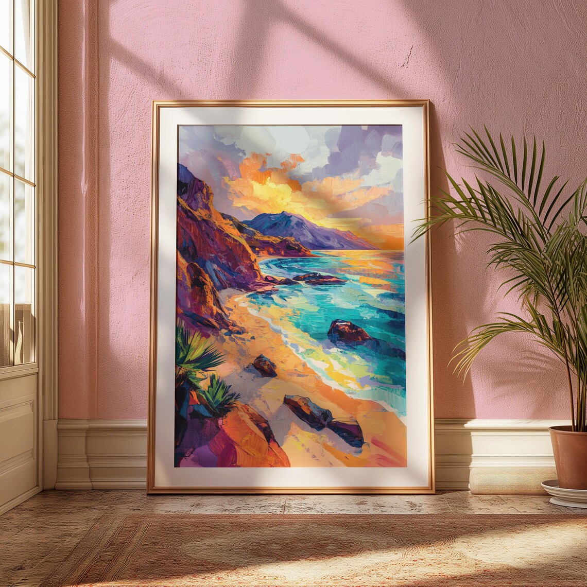 Rocky Cove Beach Agave Turquoise Sea Sunset Golden Art Print - Image 2