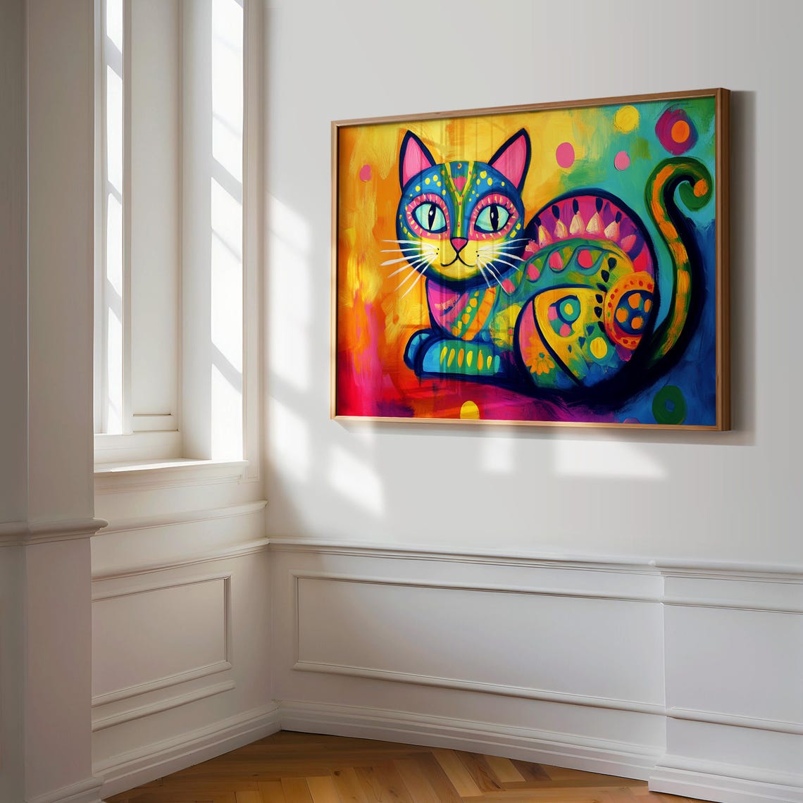 Rainbow Folk Art Cat Curled Up Patterned Coat Bright Happy Cat Poster - Image 3