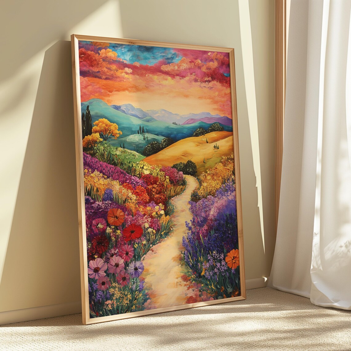 Flower Lined Path Sunset Hills Poppies Lavender Romantic Landscape Poster - Image 5