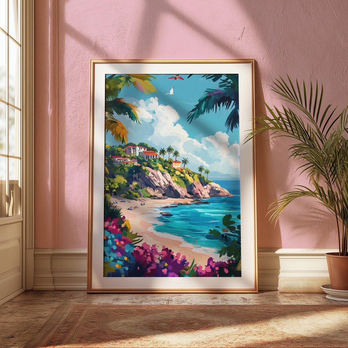 Tropical Beach Cliffside Villas Palm Fronds Turquoise Sea Travel Poster - Image 2