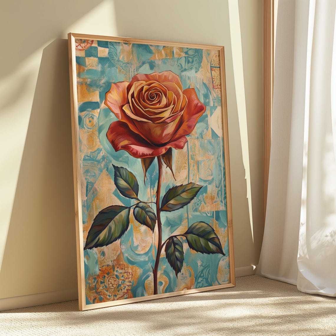 Peach Rose Patina Teal Background Painterly Floral Art Poster - Image 5