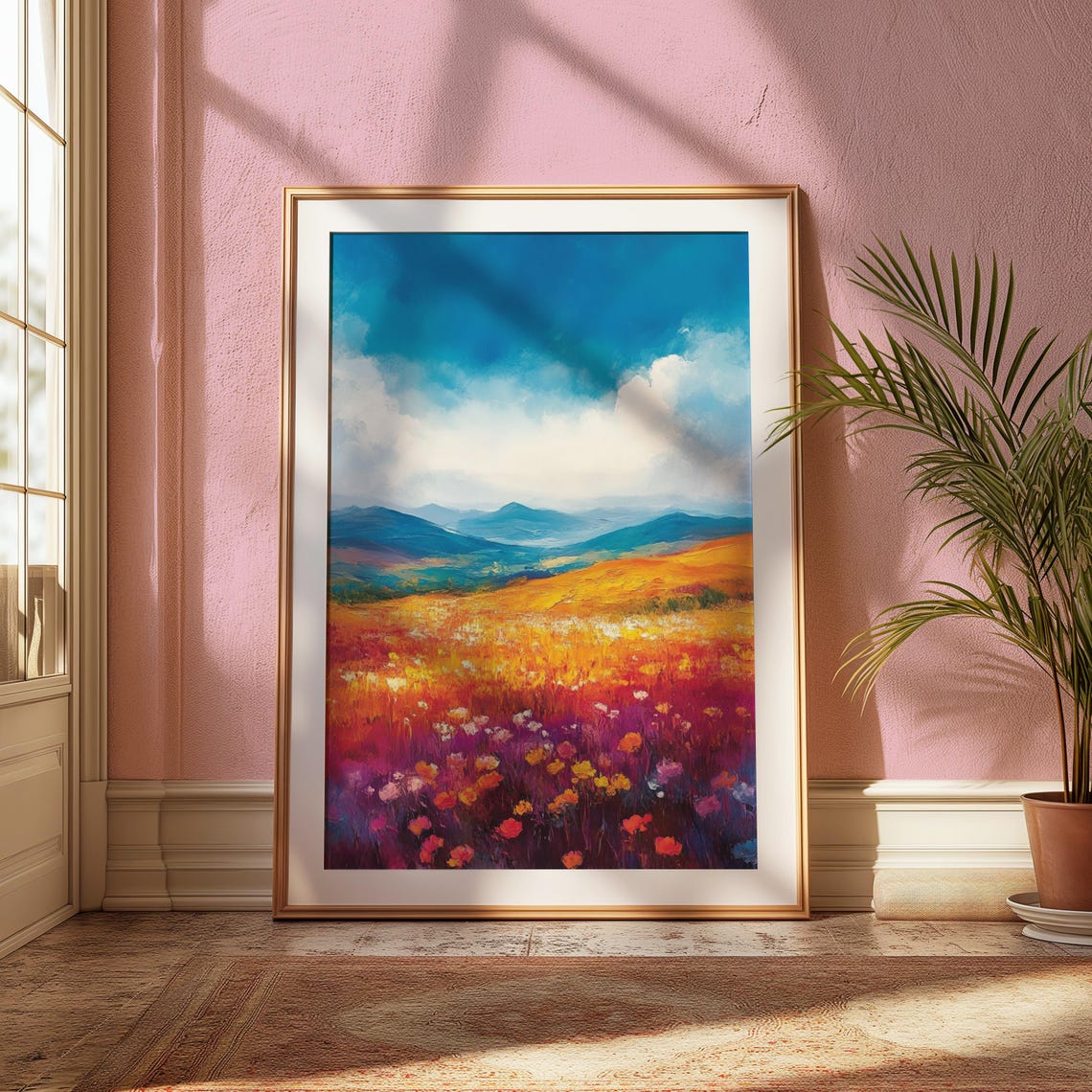 Golden Prairie Wildflower Field Blue Mountain Impressionist Print - Image 2