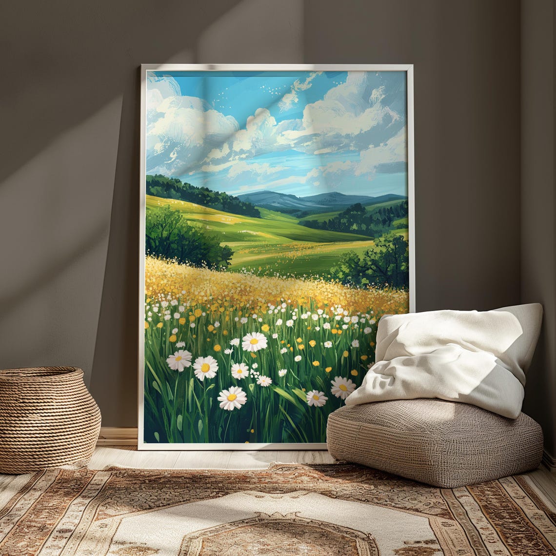 White Daisy Field Rolling Green Hills Mountain View Bright Oil Poster - Image 3