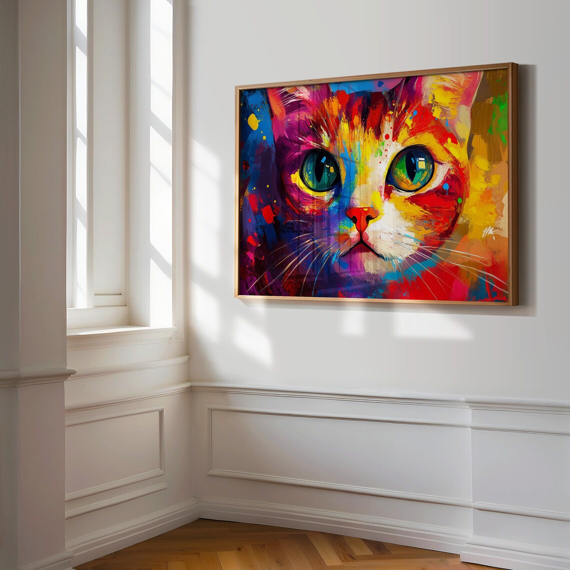 Rainbow Painted Cat Face Close Up Big Teal Eyes Bold Brushstroke Poster - Image 3