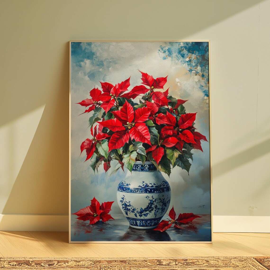 Red Poinsettia Blue Porcelain Vase Watercolor Christmas Poster