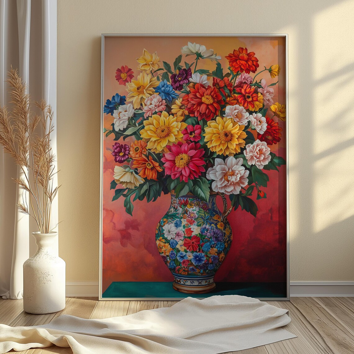 Sunset Zinnia Dahlia Bouquet Ornate Blue Vase Coral Warm Floral Poster - Image 3