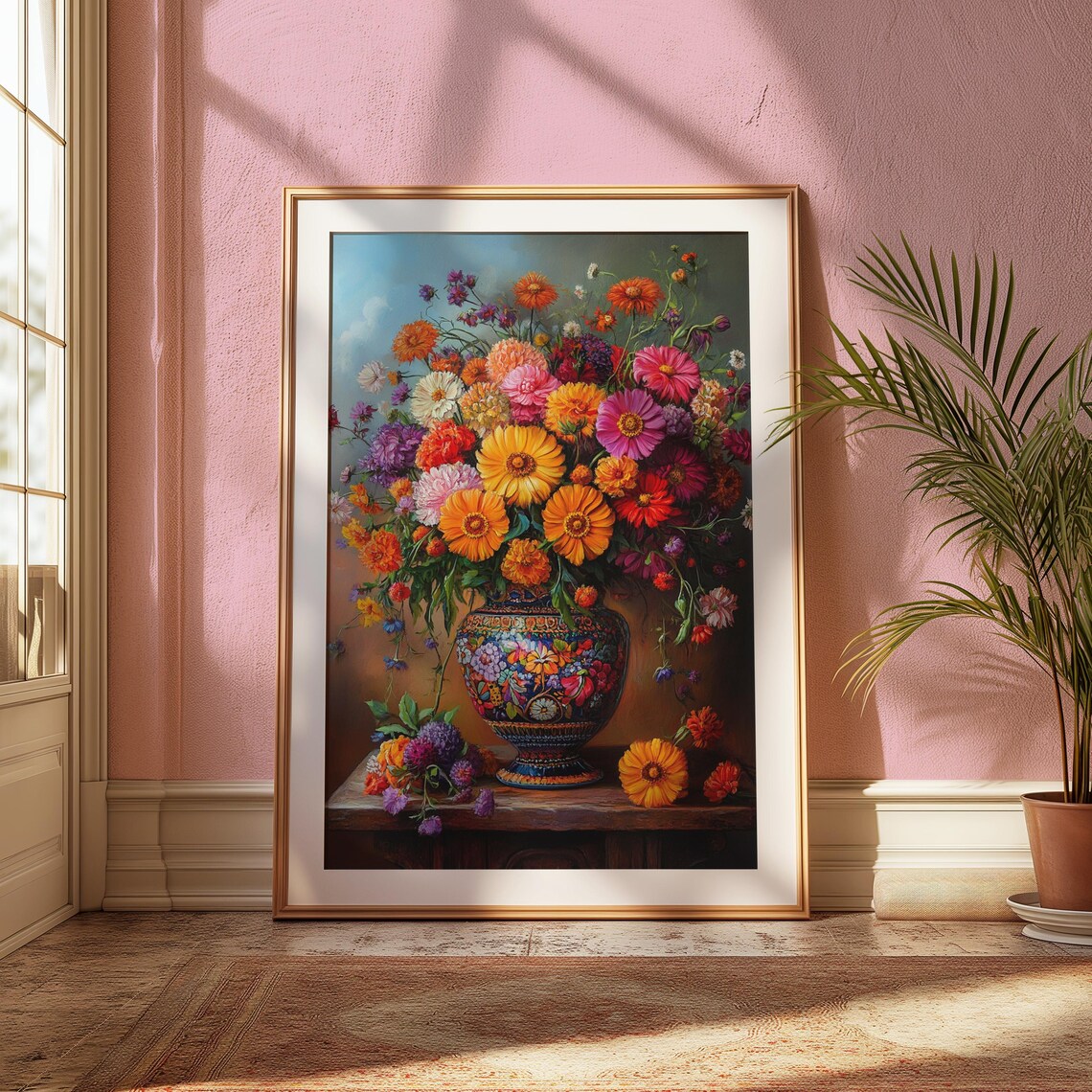 Mexican Folk Art Colorful Wildflower Bouquet In Ornate Vase Wall Print - Image 2