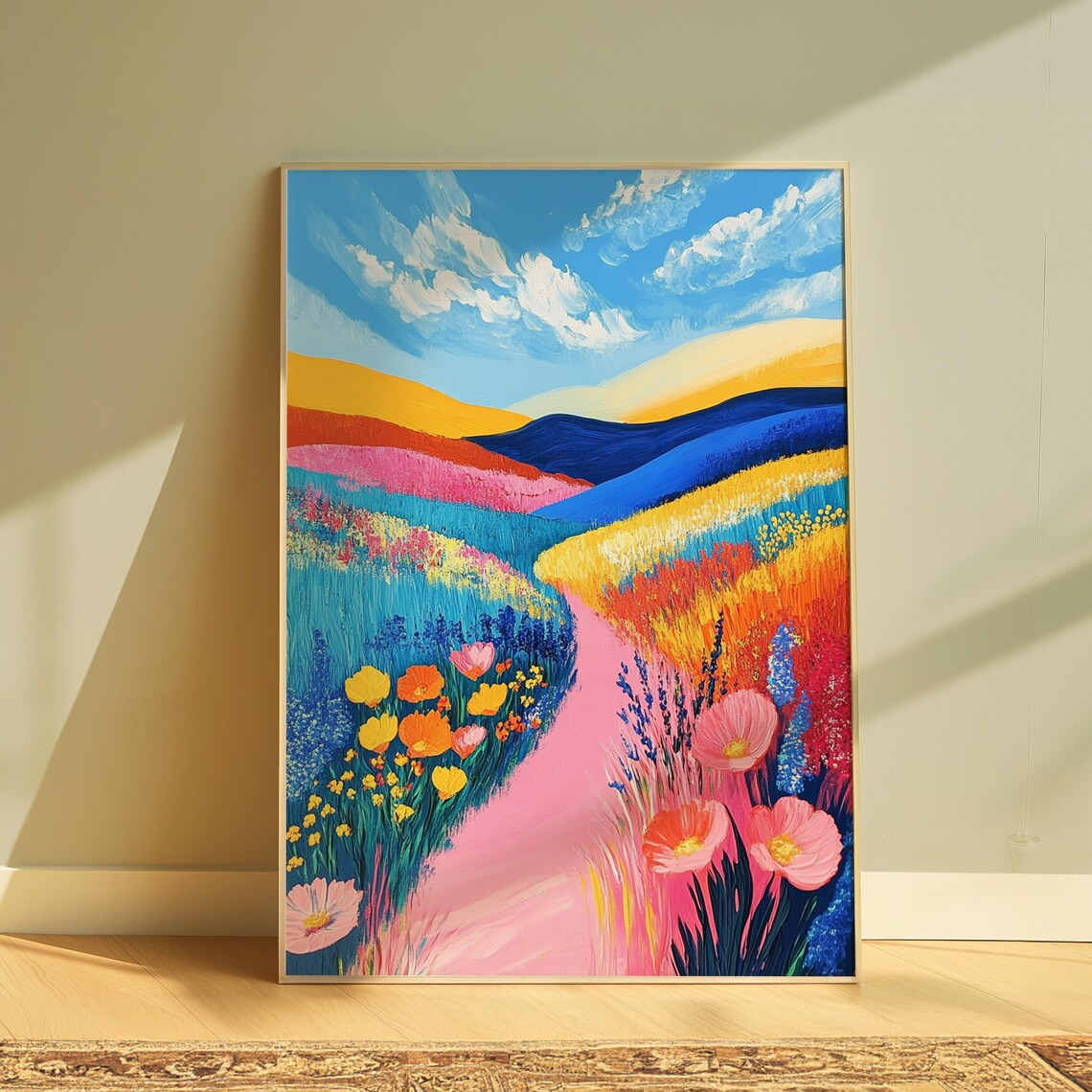 Pink Path Through Rainbow Flower Fields Colorful Hills Blue Sky Landscape Poster