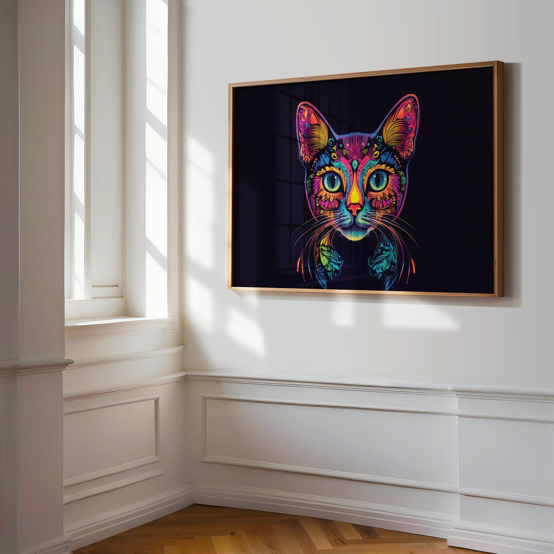Vivid Neon Floral Black Cat Face Psychedelic Bright Colorful Wall Art - Image 3