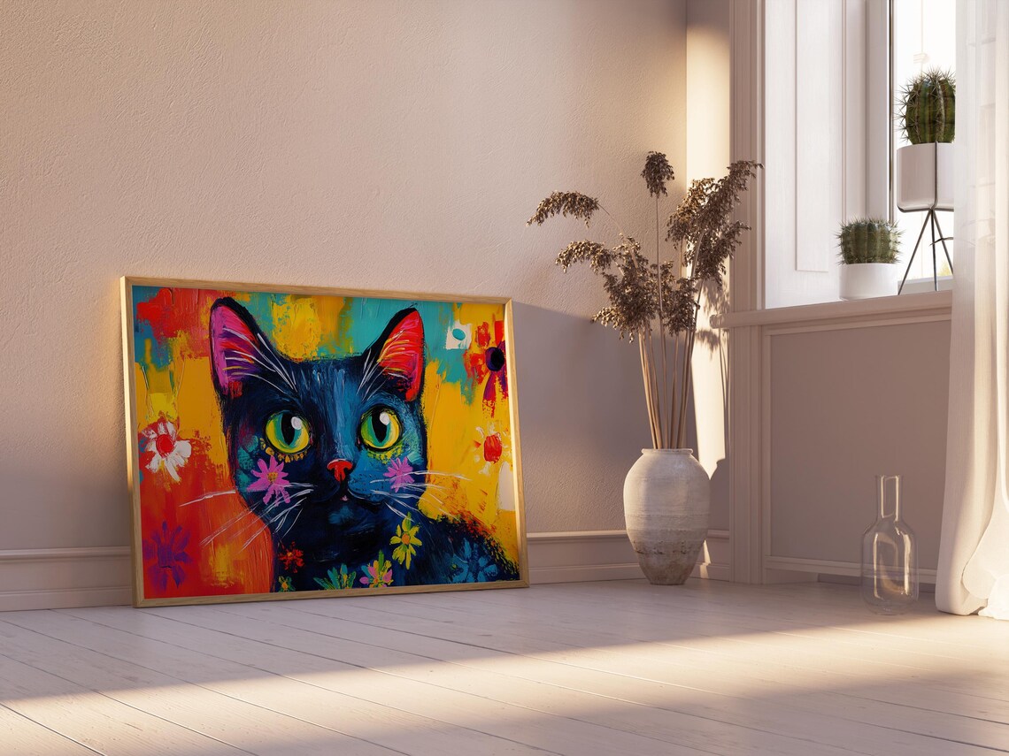 Black Cat With Painted Flowers Big Green Eyes Abstract Fiery Art Poster - Image 2