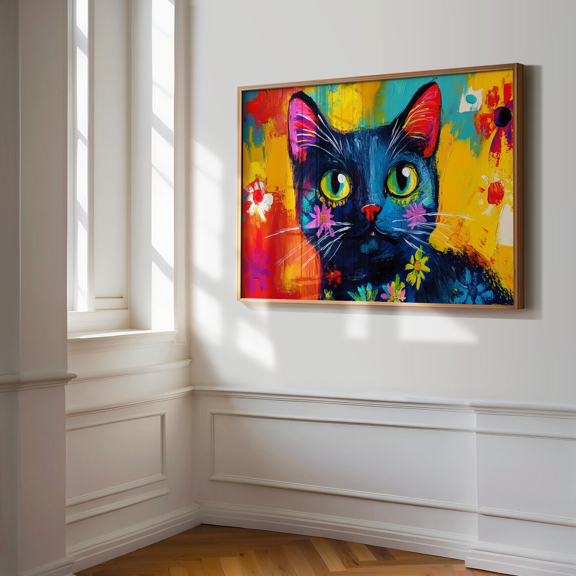 Black Cat With Painted Flowers Big Green Eyes Abstract Fiery Art Poster - Image 3