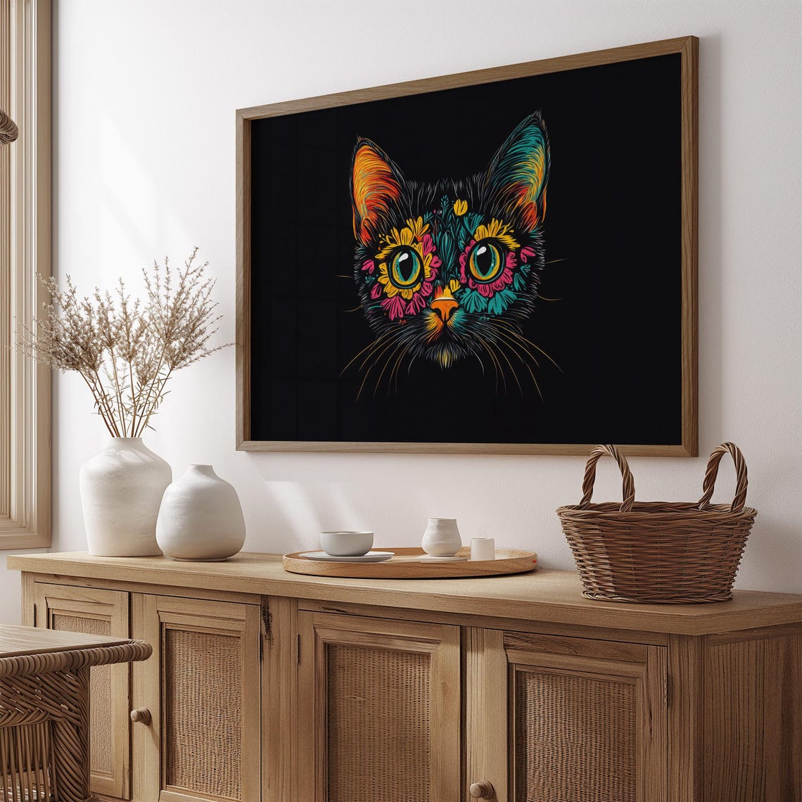 Colorful Streaked Cat Face Neon Brushstroke Paint Black Wall Art