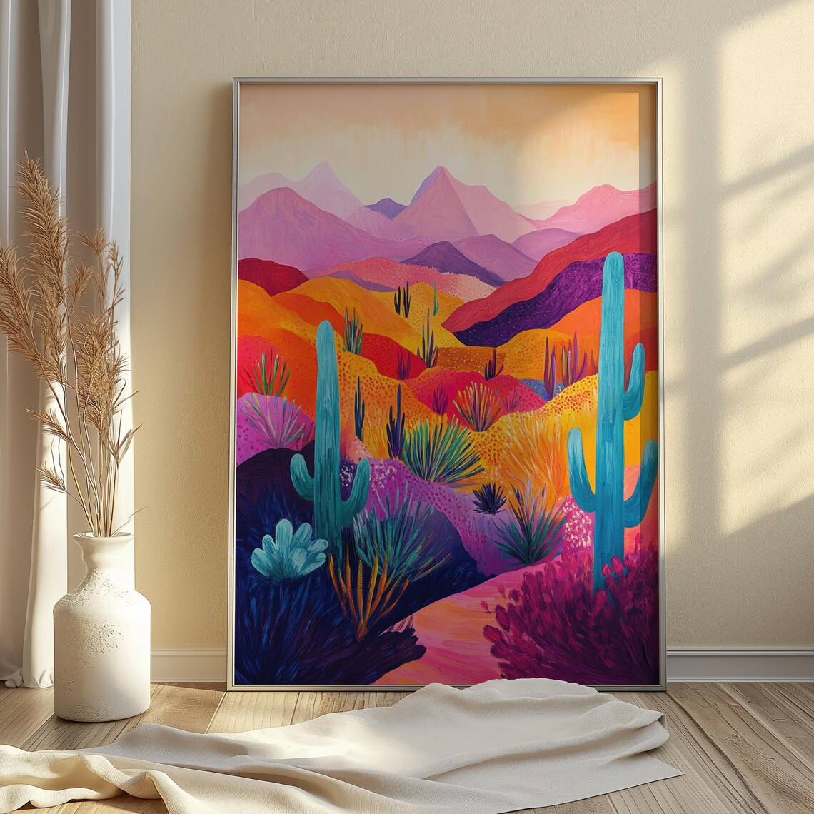 Colorful Desert Teal Saguaros Orange Hills Pink Mountain Ranges Warm Sky Poster - Image 4
