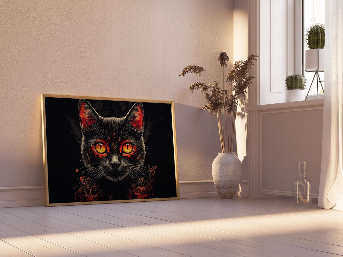 Gothic Black Cat Fiery Orange Eyes Red Skull Dark Mystical Wall Art - Image 2