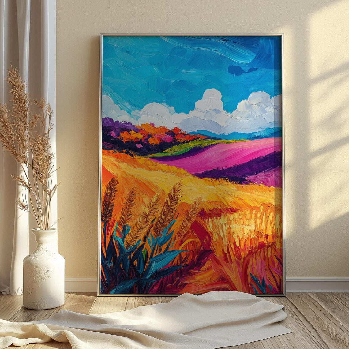Golden Wheat Field Rolling Pink Hills Impasto Landscape Wall Art Poster - Image 4