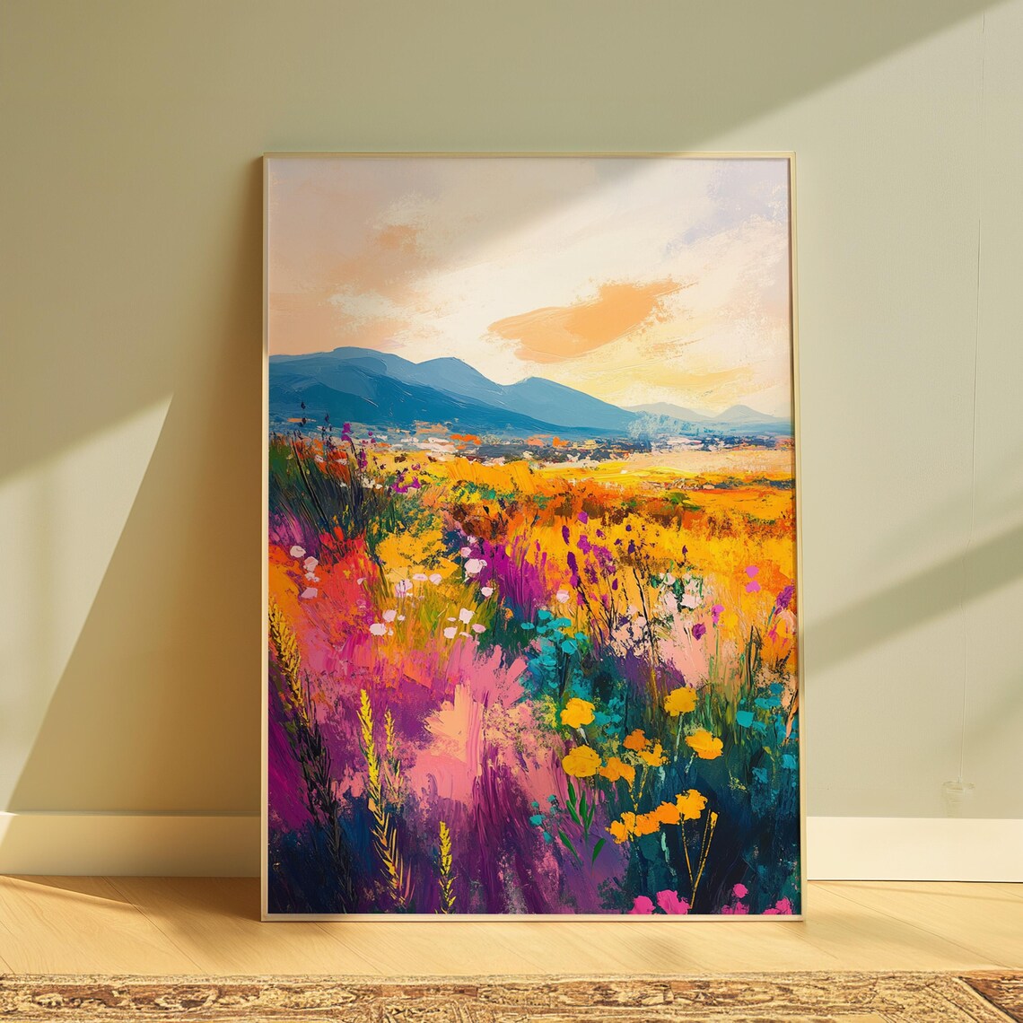 Wildflower Meadow Sunset Blue Mountain Peaks Colorful Nature Wall Art Poster