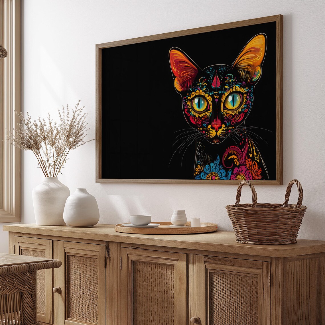 Close Up Black Cat Large Yellow Eyes Colorful Floral Day Dead Wall Art