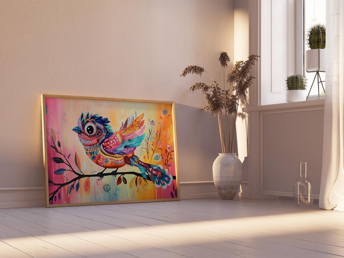 Patterned Folk Art Bird Branch Pink Orange Sunrise Garden Poster - Image 2