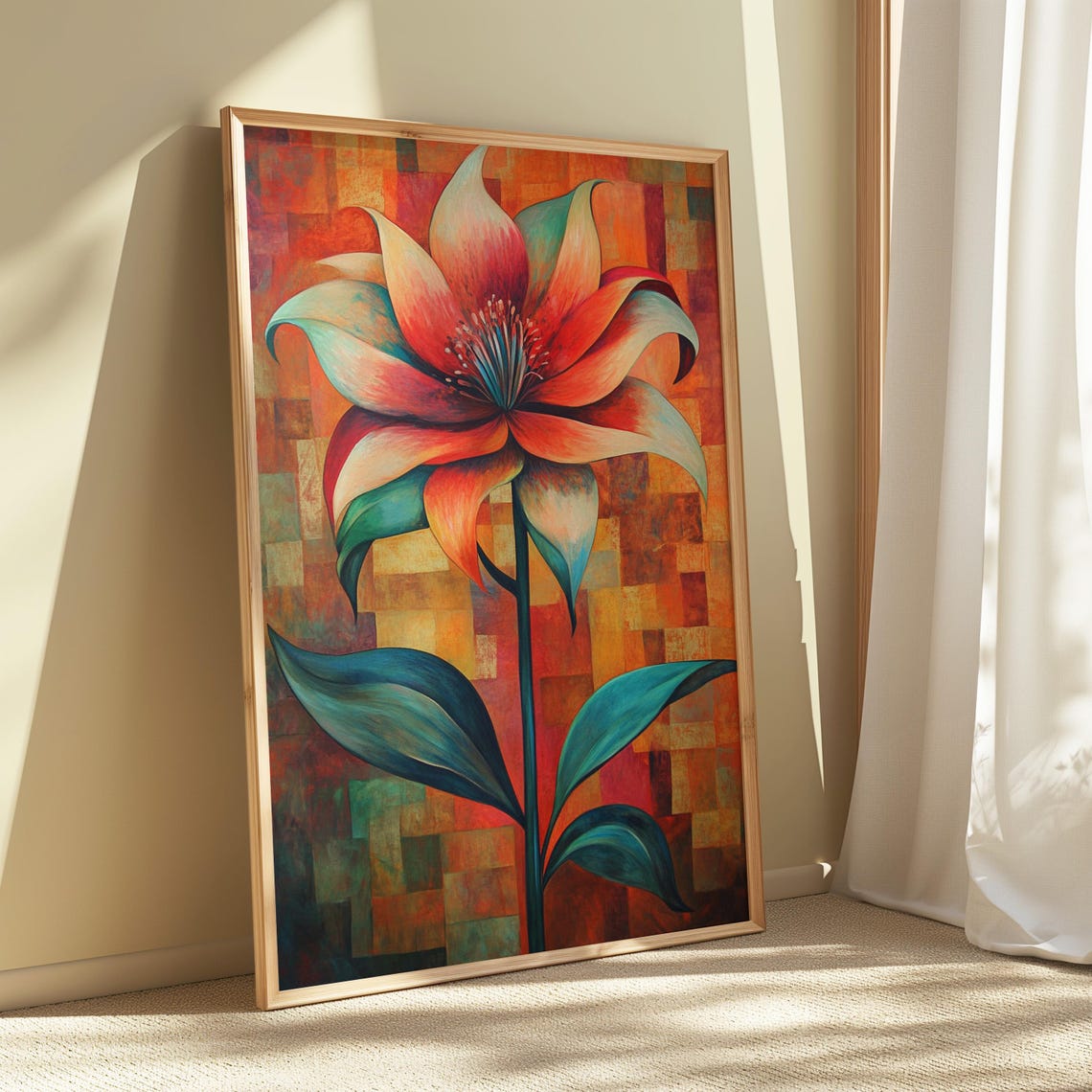Red Teal Lily Large Bloom Orange Mosaic Tile Background Poster - Image 5