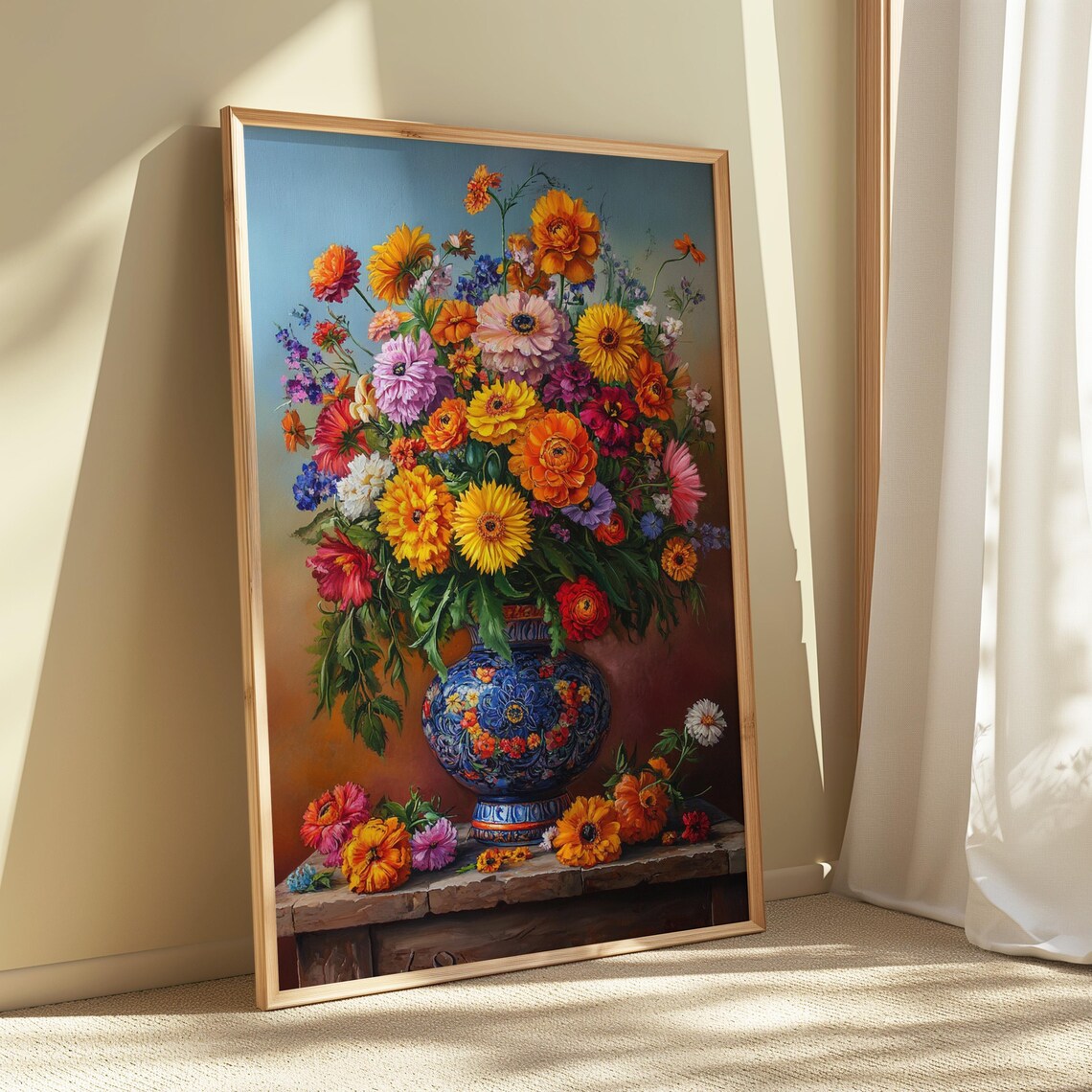Vivid Sunflower Daisy Zinnia Bouquet Blue Mexican Vase Floral Poster - Image 5