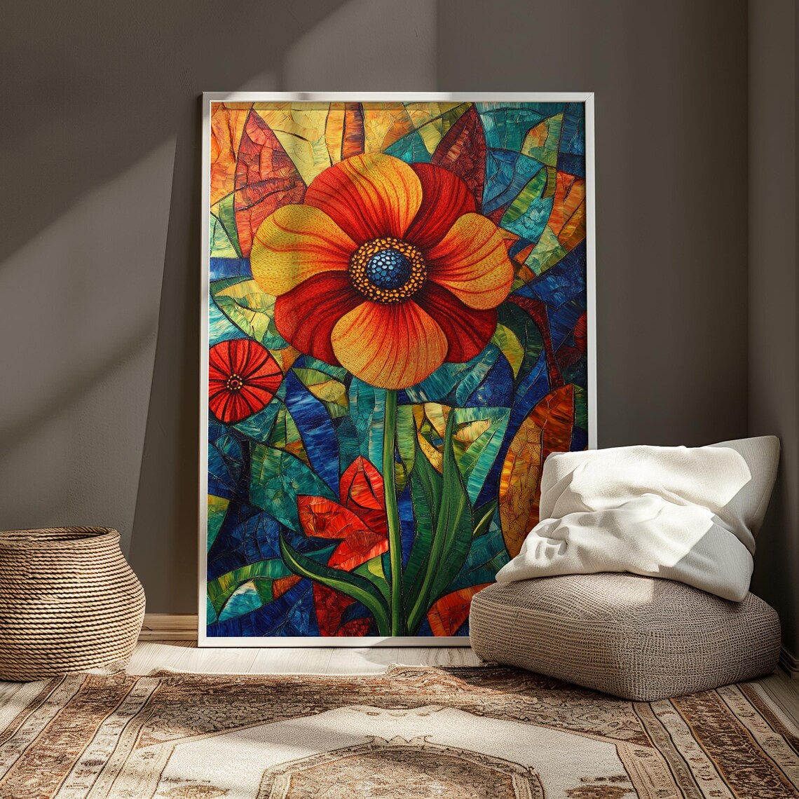 Red Poppy Dotted Center Stained Glass Mosaic Floral Art Poster - Image 3