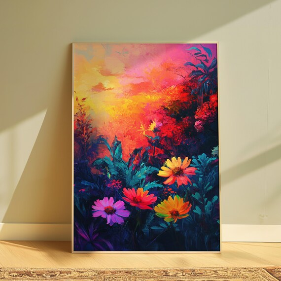 Wildflowers At Fiery Sunset Dramatic Pink Sky Colorful Floral Landscape Poster
