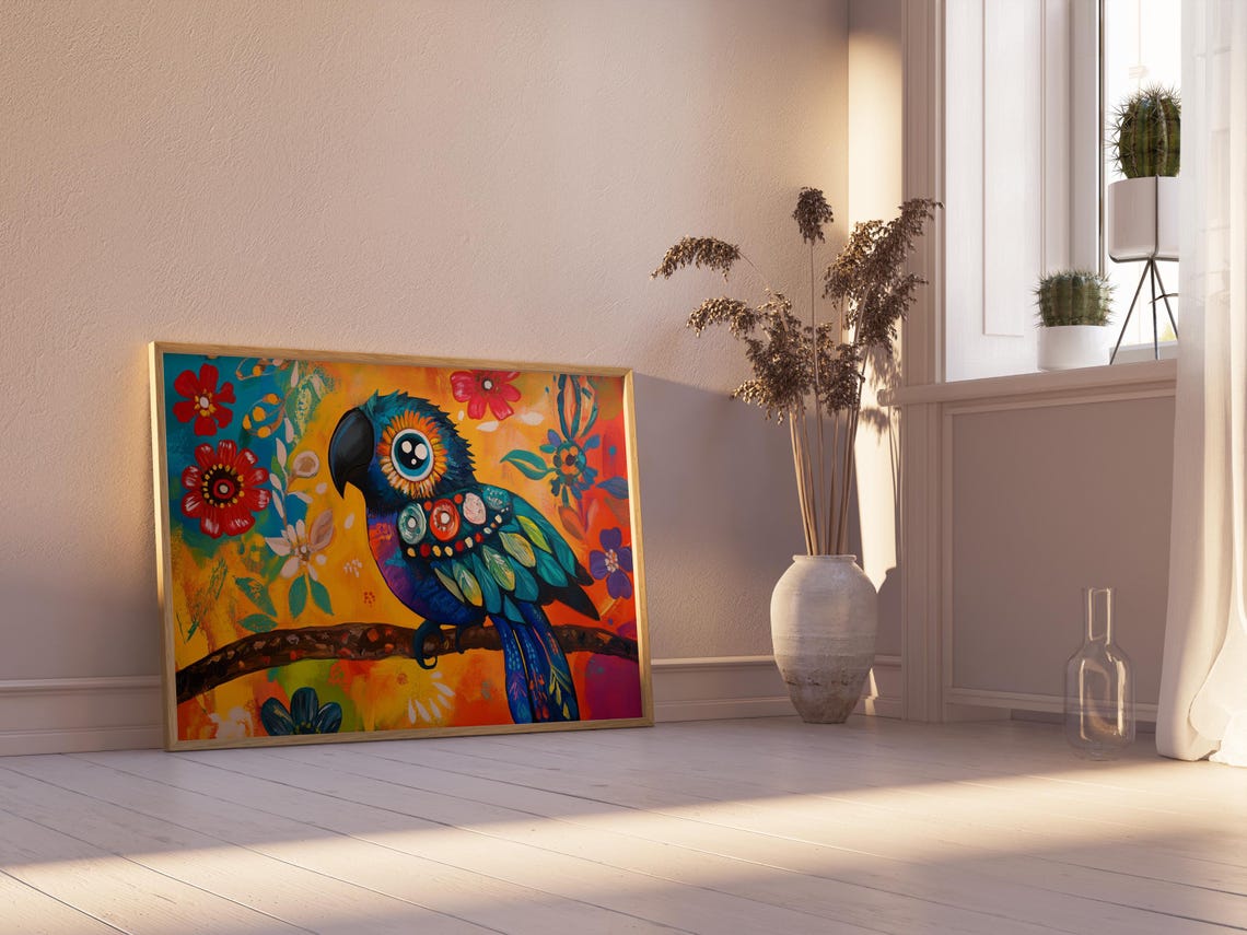 Indigo Parrot Black Beak Perched Branch Fiesta Bloom Art Print - Image 2